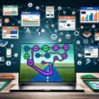 Collage mit Laptop und User-Journey-Map, digitalen Geräten mit Landingpages und Conversion-Elementen, visualisierten Analysen sowie Nutzern im Conversion Funnel. Intensive Akzentfarben in Blau, Orange und Grün.