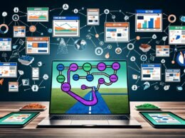 Collage mit Laptop und User-Journey-Map, digitalen Geräten mit Landingpages und Conversion-Elementen, visualisierten Analysen sowie Nutzern im Conversion Funnel. Intensive Akzentfarben in Blau, Orange und Grün.