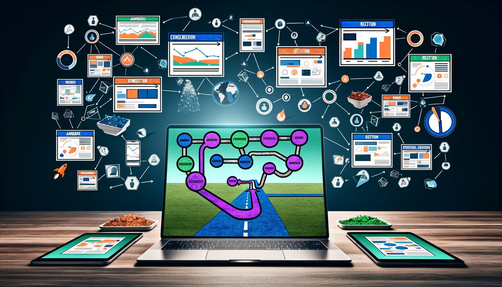 Collage mit Laptop und User-Journey-Map, digitalen Geräten mit Landingpages und Conversion-Elementen, visualisierten Analysen sowie Nutzern im Conversion Funnel. Intensive Akzentfarben in Blau, Orange und Grün.