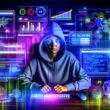 SEO-Spezialist im Hoodie vor mehreren Monitoren mit Daten-Dashboards, Website-Architekturen und analytischen SEO-Tools in digitaler, energiegeladener Atmosphäre.