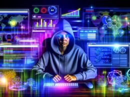 SEO-Spezialist im Hoodie vor mehreren Monitoren mit Daten-Dashboards, Website-Architekturen und analytischen SEO-Tools in digitaler, energiegeladener Atmosphäre.