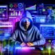 SEO-Spezialist im Hoodie vor mehreren Monitoren mit Daten-Dashboards, Website-Architekturen und analytischen SEO-Tools in digitaler, energiegeladener Atmosphäre.