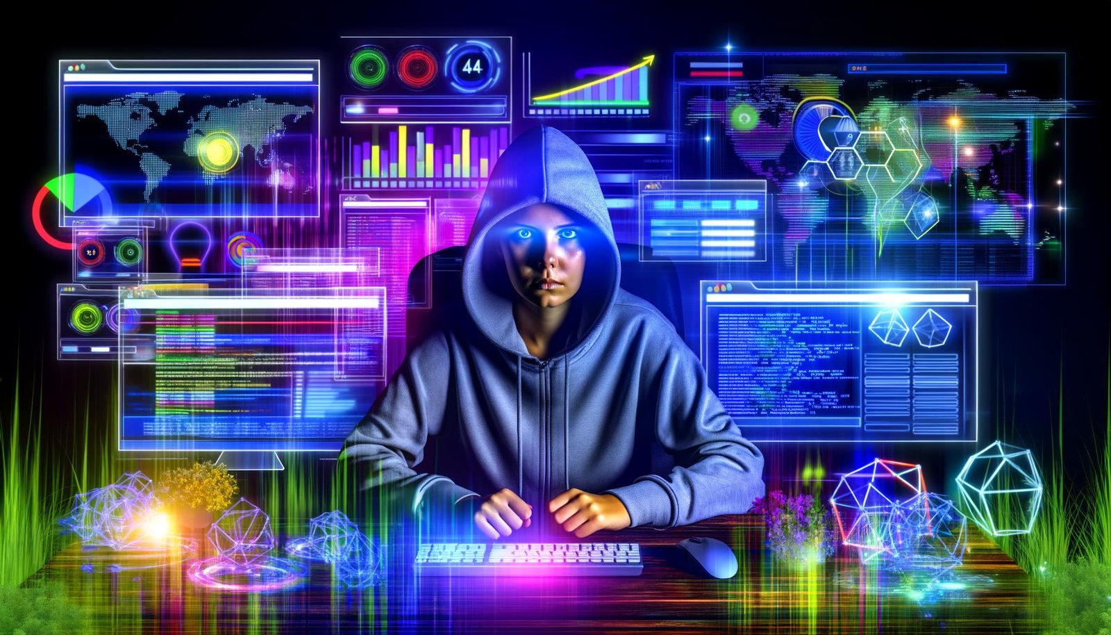 SEO-Spezialist im Hoodie vor mehreren Monitoren mit Daten-Dashboards, Website-Architekturen und analytischen SEO-Tools in digitaler, energiegeladener Atmosphäre.