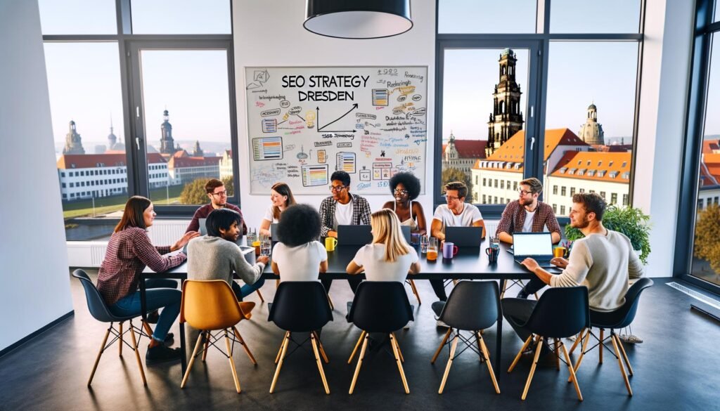 Junges, diverses SEO-Team arbeitet gemeinsam im modernen Loft-Büro in Dresden, umgeben von Laptops, Notizbüchern und Whiteboard mit SEO-Strategie-Skizzen, im Hintergrund die Dresdner Neustadt und Frauenkirche.