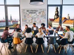 Junges, diverses SEO-Team arbeitet gemeinsam im modernen Loft-Büro in Dresden, umgeben von Laptops, Notizbüchern und Whiteboard mit SEO-Strategie-Skizzen, im Hintergrund die Dresdner Neustadt und Frauenkirche.