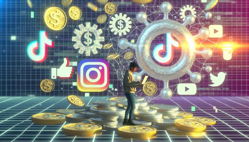 Content-Creator am Laptop mit Geldmünzen, Datendiagrammen und Social-Media-Logos wie TikTok, YouTube und Instagram im Cyberpunk-Stil.