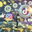 Content-Creator am Laptop mit Geldmünzen, Datendiagrammen und Social-Media-Logos wie TikTok, YouTube und Instagram im Cyberpunk-Stil.