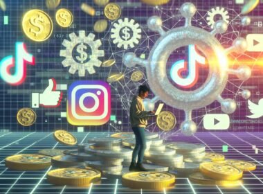Content-Creator am Laptop mit Geldmünzen, Datendiagrammen und Social-Media-Logos wie TikTok, YouTube und Instagram im Cyberpunk-Stil.