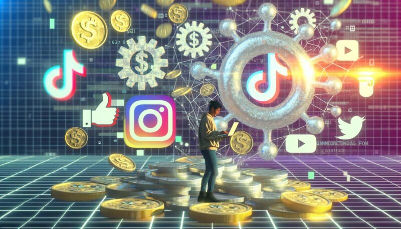 Content-Creator am Laptop mit Geldmünzen, Datendiagrammen und Social-Media-Logos wie TikTok, YouTube und Instagram im Cyberpunk-Stil.