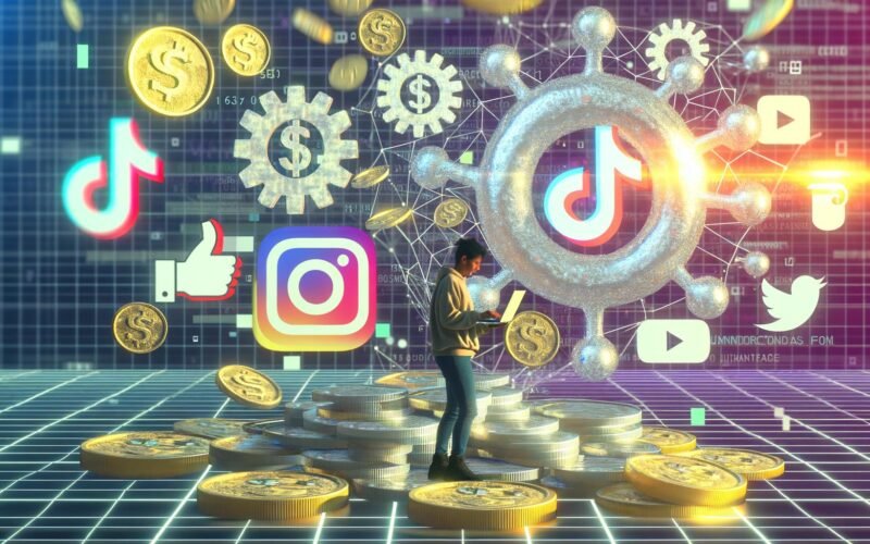 Content-Creator am Laptop mit Geldmünzen, Datendiagrammen und Social-Media-Logos wie TikTok, YouTube und Instagram im Cyberpunk-Stil.