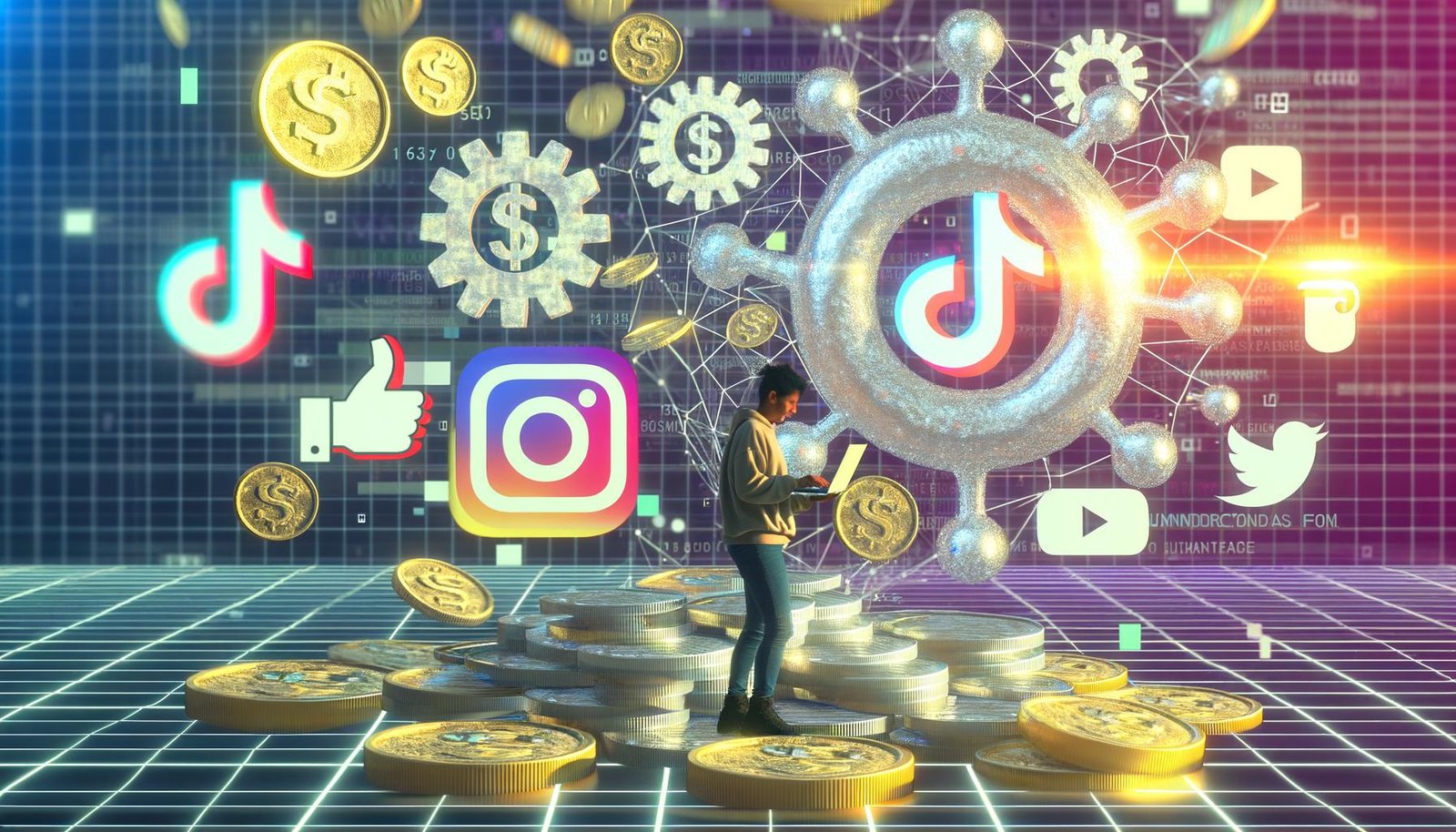 Content-Creator am Laptop mit Geldmünzen, Datendiagrammen und Social-Media-Logos wie TikTok, YouTube und Instagram im Cyberpunk-Stil.