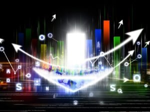 Abstraktes Stadtpanorama bei Nacht mit aufsteigenden Datenströmen, leuchtender Website-Silhouette, bunten Trendpfeilen und Suchmaschinenlogos im Vordergrund – Symbolbild für Website-Ranking und SEO.