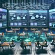 Futuristisches Kontrollzentrum mit transparenten Dashboards und Creators, die an Marketing-KPIs und automatisierten Auszahlungen arbeiten.