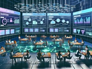 Futuristisches Kontrollzentrum mit transparenten Dashboards und Creators, die an Marketing-KPIs und automatisierten Auszahlungen arbeiten.