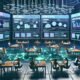 Futuristisches Kontrollzentrum mit transparenten Dashboards und Creators, die an Marketing-KPIs und automatisierten Auszahlungen arbeiten.
