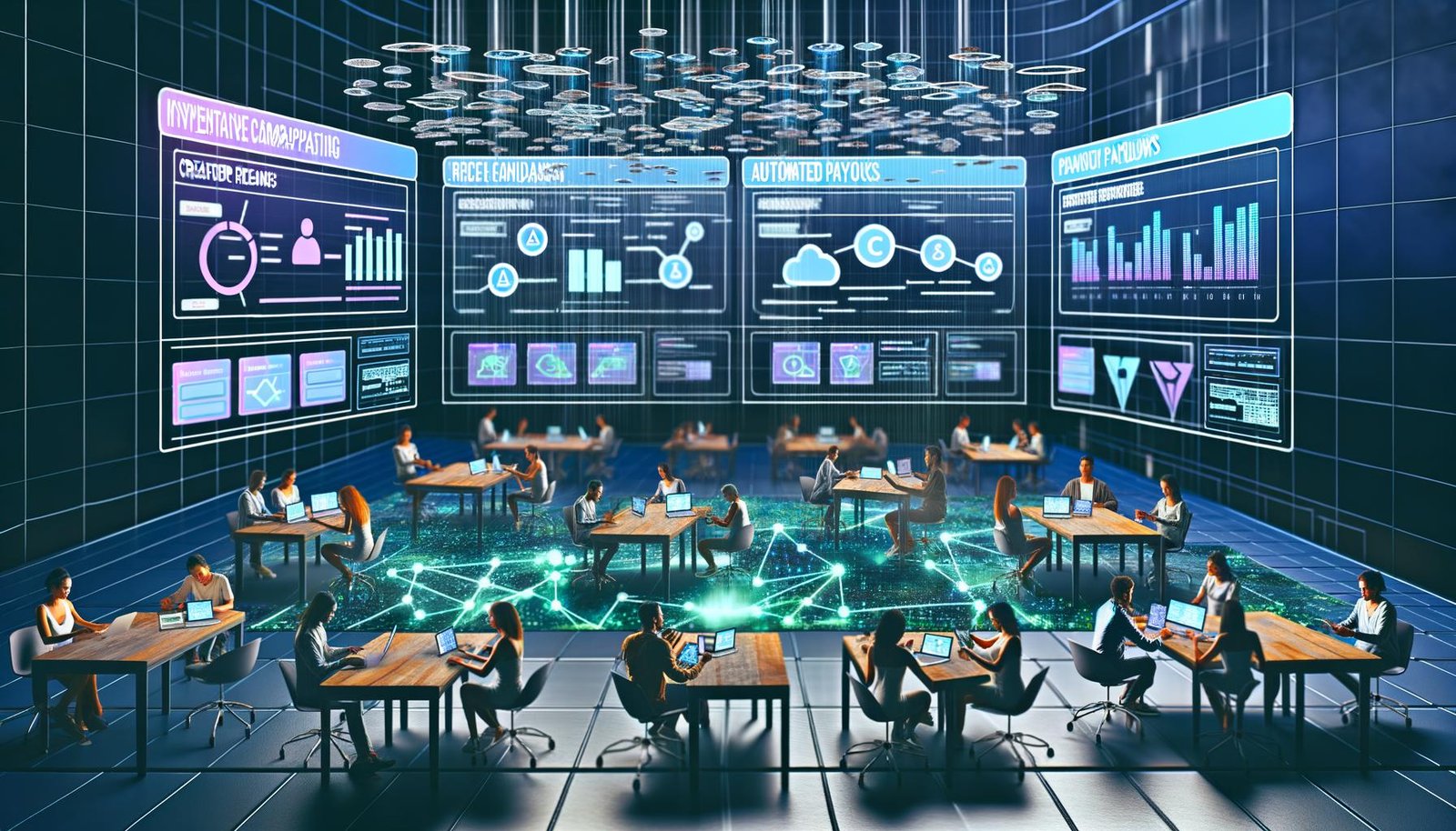 Futuristisches Kontrollzentrum mit transparenten Dashboards und Creators, die an Marketing-KPIs und automatisierten Auszahlungen arbeiten.