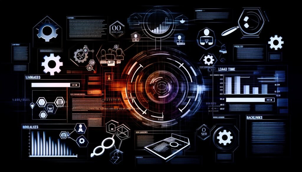 Dunkle High-Tech-Collage einer SEO-Ranking-Website mit Dashboard, Core Web Vitals, Ladezeit-Indikatoren, mobilen und Desktop-Screens sowie SEO-Symbolen und Backlink-Silhouetten.