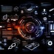 Dunkle High-Tech-Collage einer SEO-Ranking-Website mit Dashboard, Core Web Vitals, Ladezeit-Indikatoren, mobilen und Desktop-Screens sowie SEO-Symbolen und Backlink-Silhouetten.