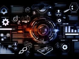 Dunkle High-Tech-Collage einer SEO-Ranking-Website mit Dashboard, Core Web Vitals, Ladezeit-Indikatoren, mobilen und Desktop-Screens sowie SEO-Symbolen und Backlink-Silhouetten.