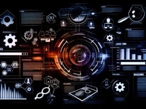 Dunkle High-Tech-Collage einer SEO-Ranking-Website mit Dashboard, Core Web Vitals, Ladezeit-Indikatoren, mobilen und Desktop-Screens sowie SEO-Symbolen und Backlink-Silhouetten.