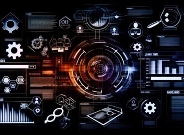 Dunkle High-Tech-Collage einer SEO-Ranking-Website mit Dashboard, Core Web Vitals, Ladezeit-Indikatoren, mobilen und Desktop-Screens sowie SEO-Symbolen und Backlink-Silhouetten.