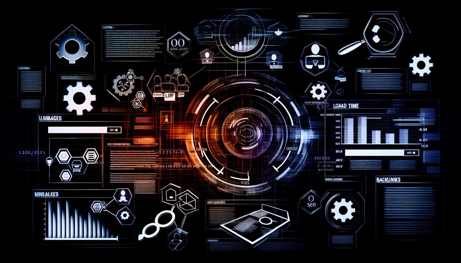 Dunkle High-Tech-Collage einer SEO-Ranking-Website mit Dashboard, Core Web Vitals, Ladezeit-Indikatoren, mobilen und Desktop-Screens sowie SEO-Symbolen und Backlink-Silhouetten.