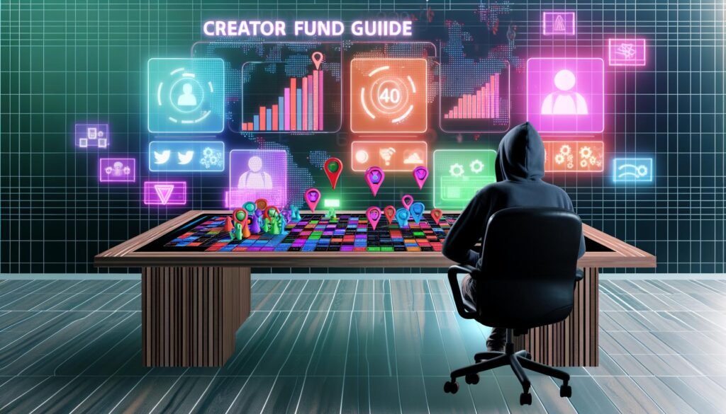 Junger Creator im Hoodie an modernem Schreibtisch mit Monitoren, Analytics-Dashboards und Social-Media-Logos, als Spielfigur in digitalem Spielfeld.
