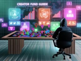 Junger Creator im Hoodie an modernem Schreibtisch mit Monitoren, Analytics-Dashboards und Social-Media-Logos, als Spielfigur in digitalem Spielfeld.