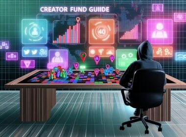 Junger Creator im Hoodie an modernem Schreibtisch mit Monitoren, Analytics-Dashboards und Social-Media-Logos, als Spielfigur in digitalem Spielfeld.