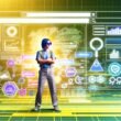 Selbstbewusster SEO-Experte vor großem Amazon Marketplace Interface mit schwebenden SEO-Elementen, Datenvisualisierungen und Algorithmus-Grafiken in modernem Magazin-Stil.