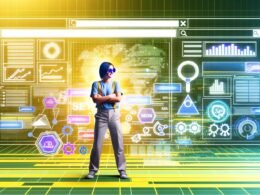 Selbstbewusster SEO-Experte vor großem Amazon Marketplace Interface mit schwebenden SEO-Elementen, Datenvisualisierungen und Algorithmus-Grafiken in modernem Magazin-Stil.