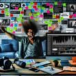 Content Creator im modernen Büro mit Analytics-Dashboards auf großem Bildschirm, Kamerazubehör, Notizbuch und Social-Media-Statistiken, umgeben von Moodboards mit Hashtags und Trends.