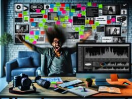 Content Creator im modernen Büro mit Analytics-Dashboards auf großem Bildschirm, Kamerazubehör, Notizbuch und Social-Media-Statistiken, umgeben von Moodboards mit Hashtags und Trends.