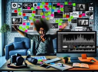 Content Creator im modernen Büro mit Analytics-Dashboards auf großem Bildschirm, Kamerazubehör, Notizbuch und Social-Media-Statistiken, umgeben von Moodboards mit Hashtags und Trends.