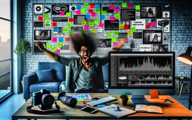 Content Creator im modernen Büro mit Analytics-Dashboards auf großem Bildschirm, Kamerazubehör, Notizbuch und Social-Media-Statistiken, umgeben von Moodboards mit Hashtags und Trends.