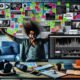 Content Creator im modernen Büro mit Analytics-Dashboards auf großem Bildschirm, Kamerazubehör, Notizbuch und Social-Media-Statistiken, umgeben von Moodboards mit Hashtags und Trends.