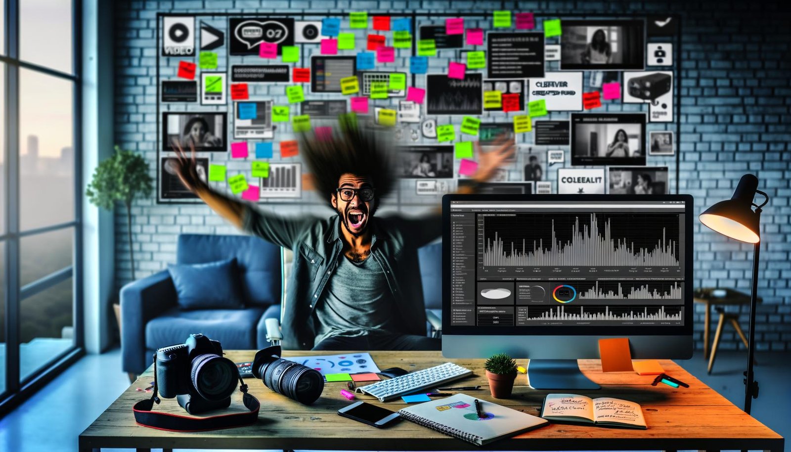 Content Creator im modernen Büro mit Analytics-Dashboards auf großem Bildschirm, Kamerazubehör, Notizbuch und Social-Media-Statistiken, umgeben von Moodboards mit Hashtags und Trends.