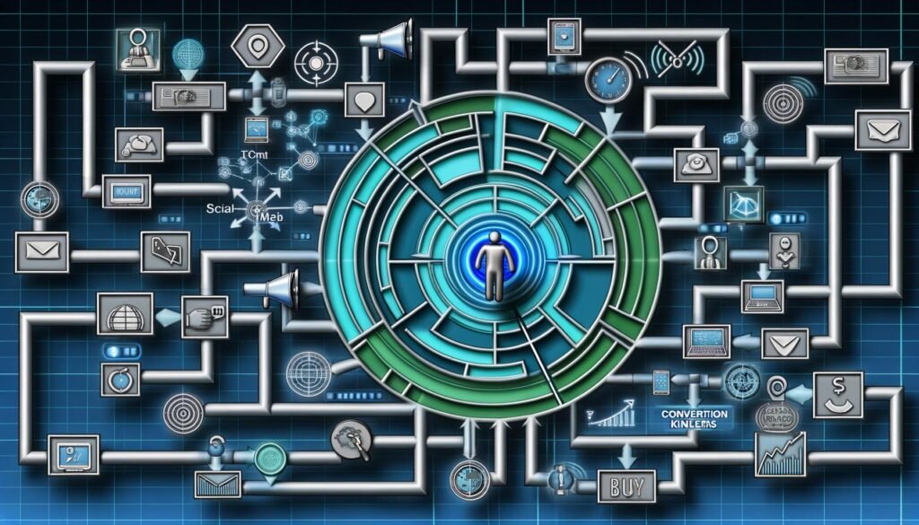 Realistisch gezeichnete Zielperson im Zentrum eines digitalen Labyrinths aus Marketingkanälen, Datenströmen, Tech-Icons, psychologischen Triggern, Klaren Call-to-Actions und leuchtendem Kauf-Button am Ende.