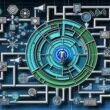 Realistisch gezeichnete Zielperson im Zentrum eines digitalen Labyrinths aus Marketingkanälen, Datenströmen, Tech-Icons, psychologischen Triggern, Klaren Call-to-Actions und leuchtendem Kauf-Button am Ende.