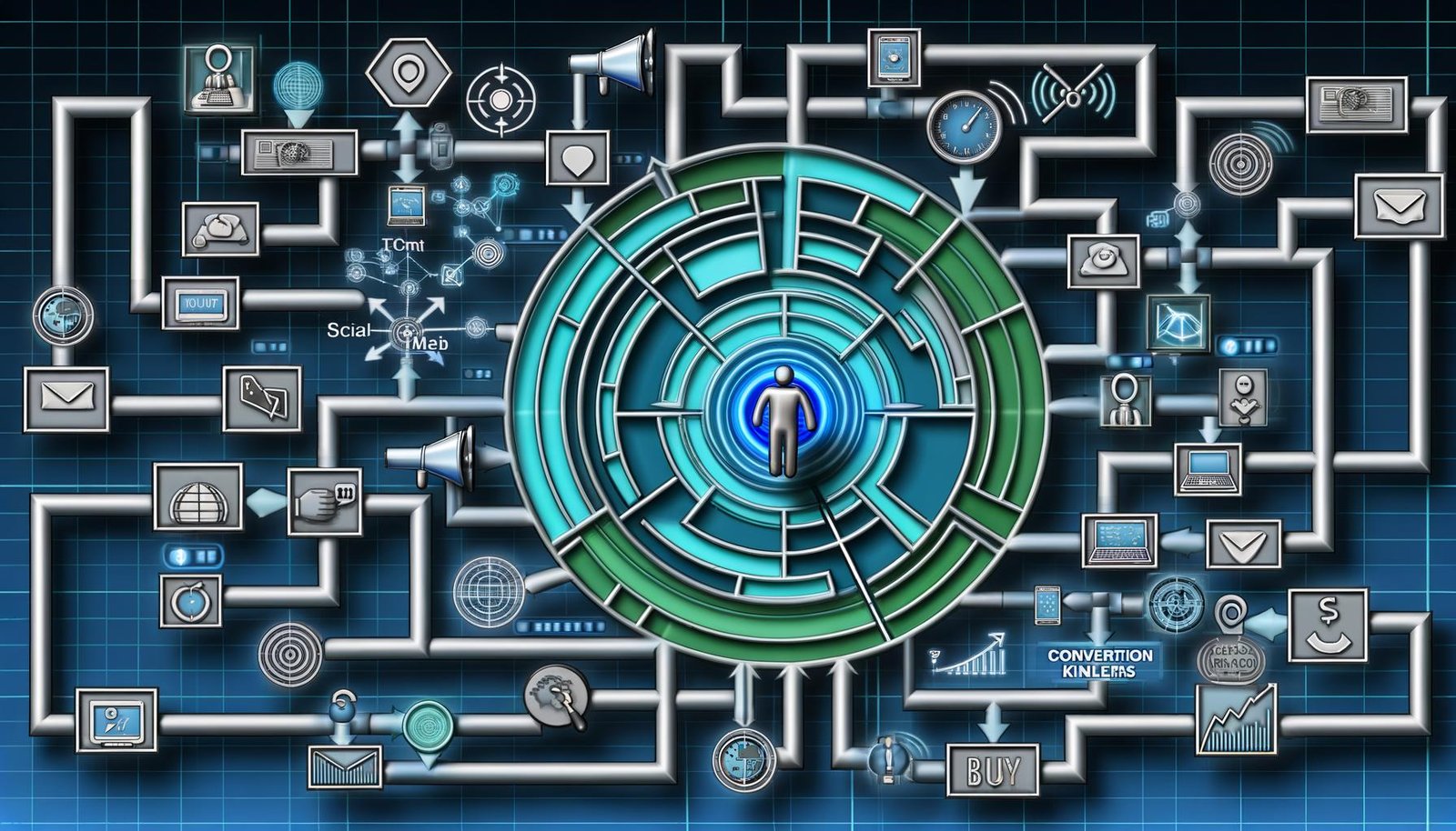 Realistisch gezeichnete Zielperson im Zentrum eines digitalen Labyrinths aus Marketingkanälen, Datenströmen, Tech-Icons, psychologischen Triggern, Klaren Call-to-Actions und leuchtendem Kauf-Button am Ende.
