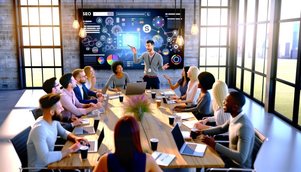 Junges und erfahrenes Team diskutiert mit Coach SEO-Analysen an digitalem Screen, umgeben von Laptops, Notizblöcken und Visualisierungen bekannter SEO-Tools in modernem Meetingraum.