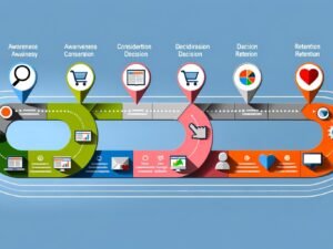 Kurvige Roadmap-Infografik im modernen Flat-Design mit farbigen Stationen für Awareness (Lupe), Consideration (Vergleichstabelle), Decision (Einkaufswagen mit Häkchen) und Retention (Herz mit Wiederholungspfeilen). Im Hintergrund: Landingpage, Formular, Checkout, E-Mail sowie Analyse- und CRM-Icons. Keine Personen, nur digitale Elemente.