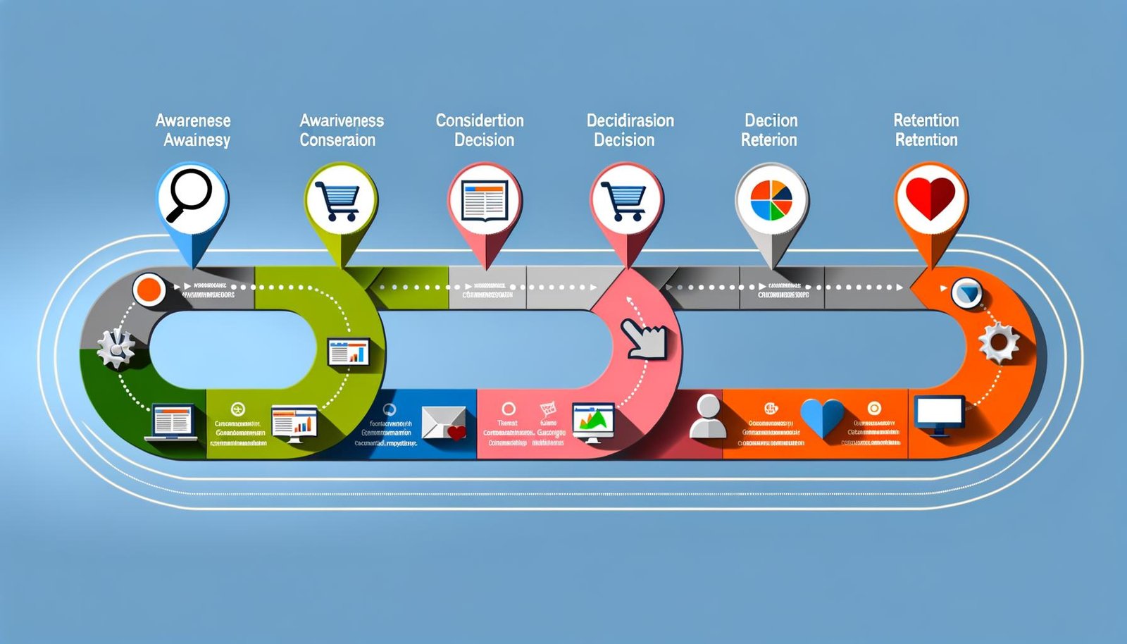 Kurvige Roadmap-Infografik im modernen Flat-Design mit farbigen Stationen für Awareness (Lupe), Consideration (Vergleichstabelle), Decision (Einkaufswagen mit Häkchen) und Retention (Herz mit Wiederholungspfeilen). Im Hintergrund: Landingpage, Formular, Checkout, E-Mail sowie Analyse- und CRM-Icons. Keine Personen, nur digitale Elemente.