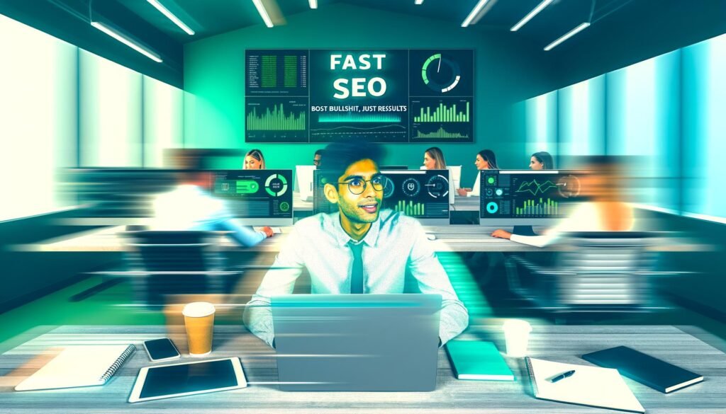 Junger SEO-Spezialist am Schreibtisch mit mehreren Monitoren, die technische SEO-Dashboards und PageSpeed-Diagramme im grünen Bereich zeigen. Im Hintergrund beraten Kollegen im modernen, offenen Büro. An der Wand das Motto: 'Fast SEO: Kein Bullshit, nur Ergebnisse'.