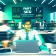Junger SEO-Spezialist am Schreibtisch mit mehreren Monitoren, die technische SEO-Dashboards und PageSpeed-Diagramme im grünen Bereich zeigen. Im Hintergrund beraten Kollegen im modernen, offenen Büro. An der Wand das Motto: 'Fast SEO: Kein Bullshit, nur Ergebnisse'.