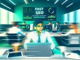 Junger SEO-Spezialist am Schreibtisch mit mehreren Monitoren, die technische SEO-Dashboards und PageSpeed-Diagramme im grünen Bereich zeigen. Im Hintergrund beraten Kollegen im modernen, offenen Büro. An der Wand das Motto: 'Fast SEO: Kein Bullshit, nur Ergebnisse'.