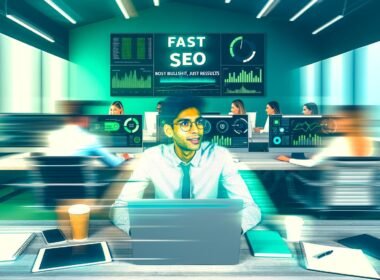 Junger SEO-Spezialist am Schreibtisch mit mehreren Monitoren, die technische SEO-Dashboards und PageSpeed-Diagramme im grünen Bereich zeigen. Im Hintergrund beraten Kollegen im modernen, offenen Büro. An der Wand das Motto: 'Fast SEO: Kein Bullshit, nur Ergebnisse'.