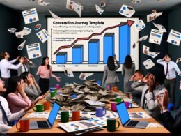 Chaotisches Büro mit frustrierten Marketern, nutzlosen Grafiken und einem klaren Conversion Journey Template, das den Weg zu Marketing-Erfolg zeigt.
