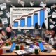 Chaotisches Büro mit frustrierten Marketern, nutzlosen Grafiken und einem klaren Conversion Journey Template, das den Weg zu Marketing-Erfolg zeigt.