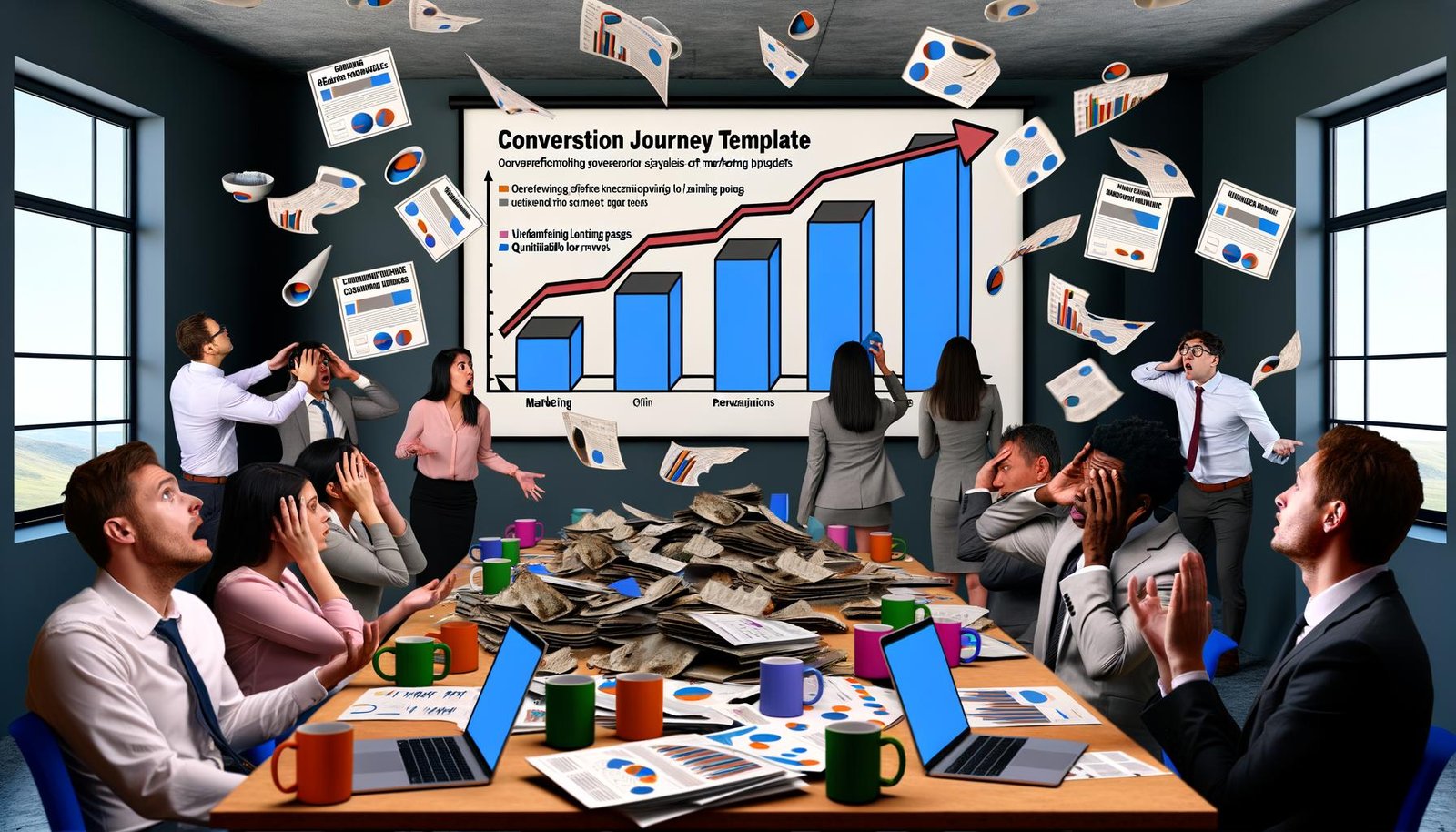 Chaotisches Büro mit frustrierten Marketern, nutzlosen Grafiken und einem klaren Conversion Journey Template, das den Weg zu Marketing-Erfolg zeigt.